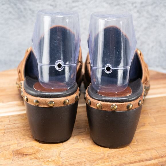 Ecco Leather Studded Slip On Size 7 EU 38 Mules Clogs Chunky Strap Boho Brown - Picture 4 of 7